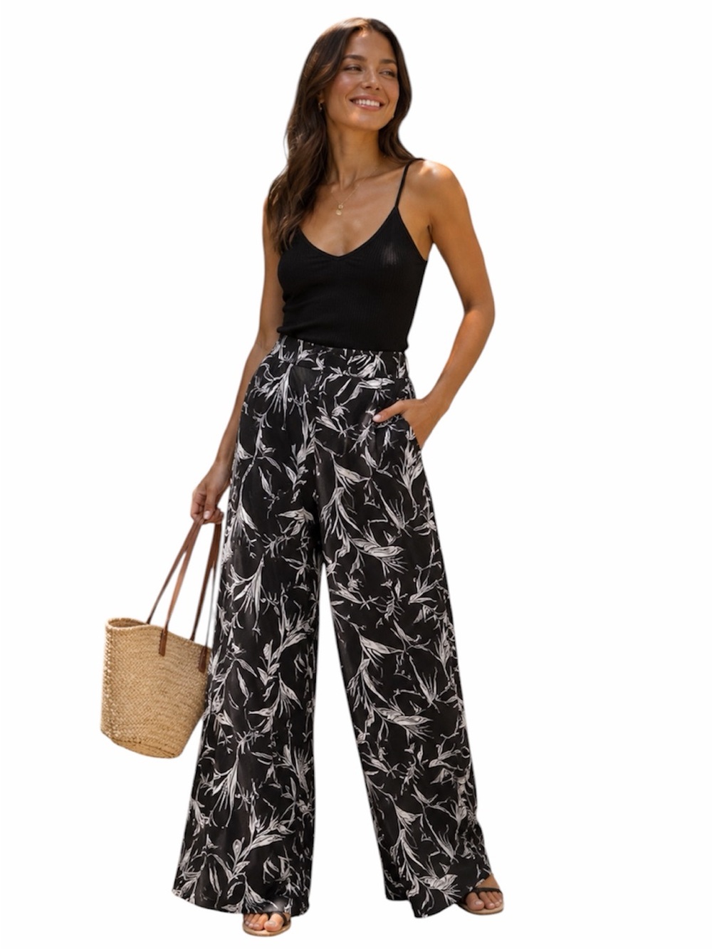 Rachel Zoe Black & White Botanical Floral/Leaf-Print Wide-Leg Pants